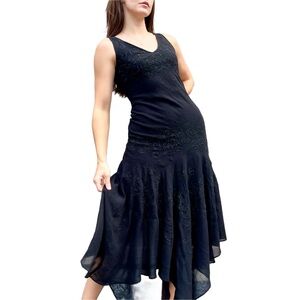 Y2K Vintage Eureka Black Beaded Asymmetrical Hem Dark Fairycore Midi Dress Small